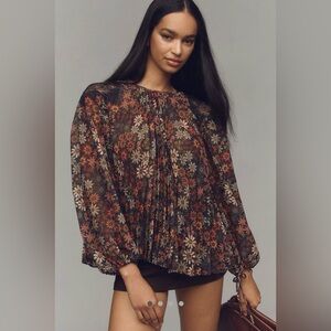 NWOT Farm Rio Long Sleeve Sheer Pleated Blouse, Size S